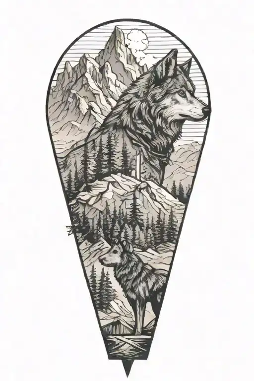 mountains and a tourist in profile and a wolf tattoo design idea