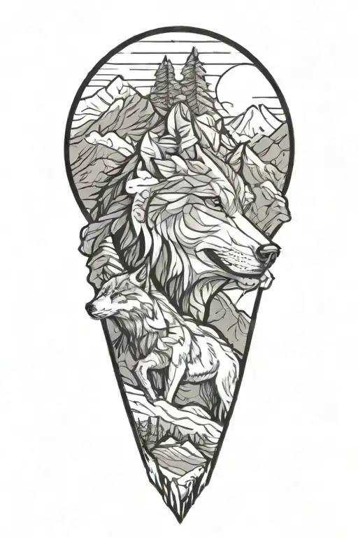mountains and a tourist in profile and a wolf tattoo design idea