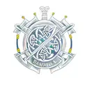 A traditional-style tattoo depicting the flags of Celtic Football Club, MacDonald of Clan Ranald, and Scotland combined in a creative way tattoo design idea