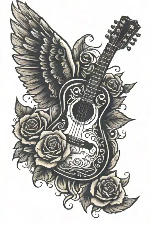 guitar with angle wings halo and roses around it  tattoo design idea