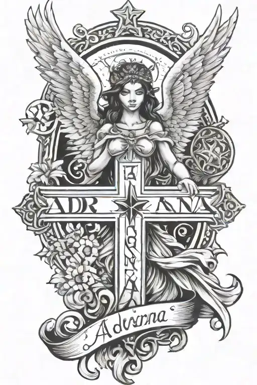 Angel and star and cross and the word "Adriana" written tattoo design idea