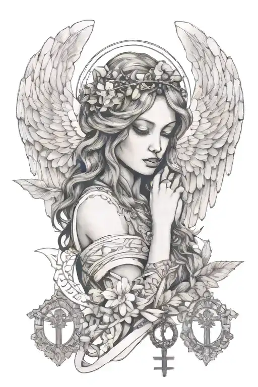 Angel; Rosary; The name written "Adriana" tattoo design idea
