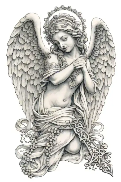 Angel; Rosary; The name written "Adriana" tattoo design idea