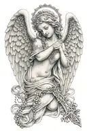 Angel; Rosary; The name written "Adriana" tattoo design idea