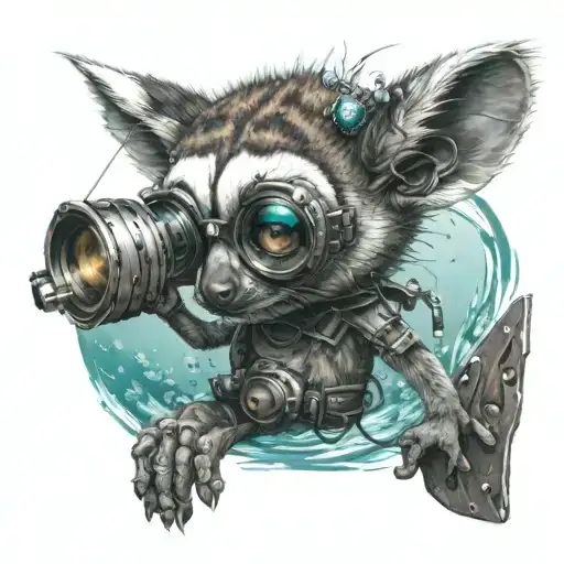 A futuristic cybernetic ringtail lemur fishing in a virtual reality ocean tattoo design idea
