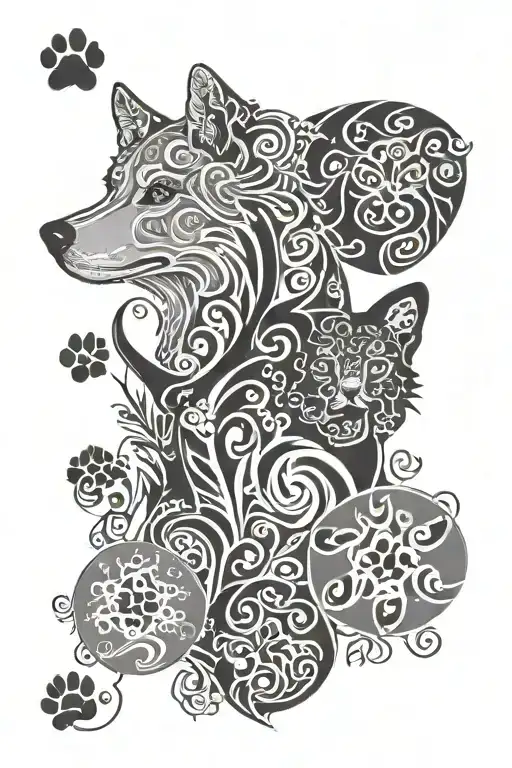 A minimalist tattoo of three small paw prints, each representing one of your daughters, surrounded by elegant swirls and patterns inspired by the long fur of Finnish lappdogs and huskys tattoo design idea