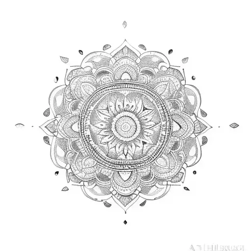 A dotwork tattoo of an Indian mandala with hidden turtle motifs tattoo design idea