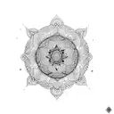 A dotwork tattoo of an Indian mandala with hidden turtle motifs tattoo design idea