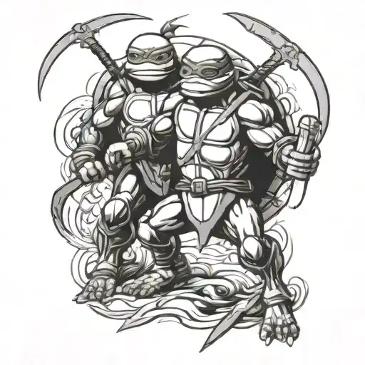 michaelangelo ninja turtle fight scene black and white  tattoo design idea