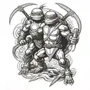 michaelangelo ninja turtle fight scene black and white  tattoo design idea