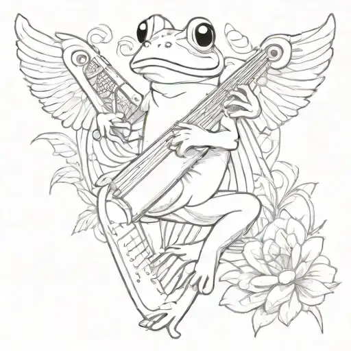 A whimsical tattoo of a frog playing a harp surrounded by angelic figures tattoo design idea