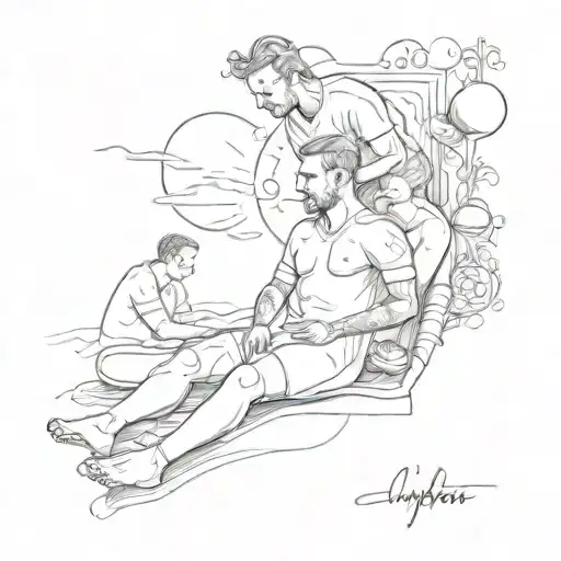 A whimsical tattoo design depicting a serene scene of Újpest FC players receiving massages in a surreal, dreamlike setting tattoo design idea
