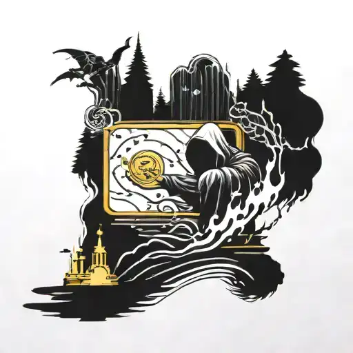 A surreal tattoo of a grim reaper tossing gold coins into a pool of liquid sound waves, with a computer screen displaying a pixelated forest scene in the background tattoo design idea