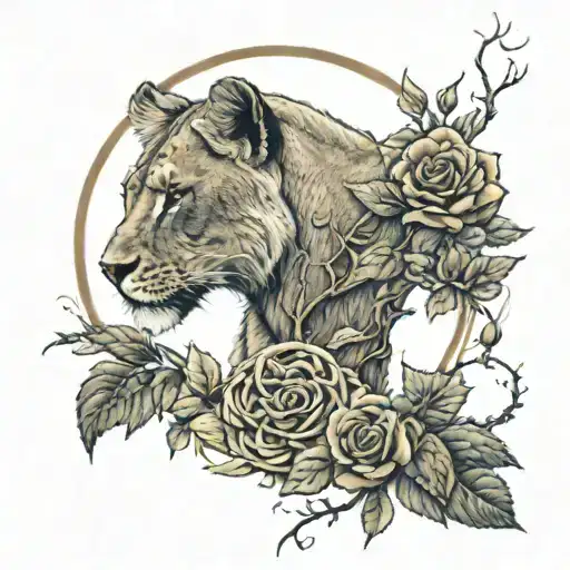 A lioness intertwined with a rose bush, with the Tree of Life in the background, incorporating the letters A and K subtly within the design tattoo design idea