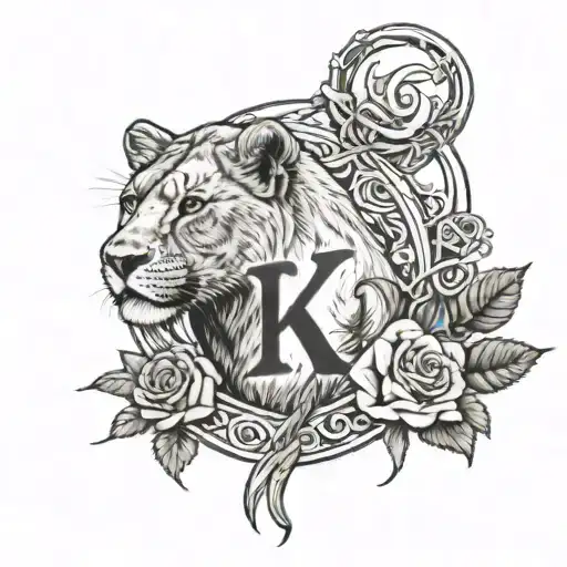 A lioness intertwined with a rose bush, with the Tree of Life in the background, incorporating the letters A and K subtly within the design tattoo design idea