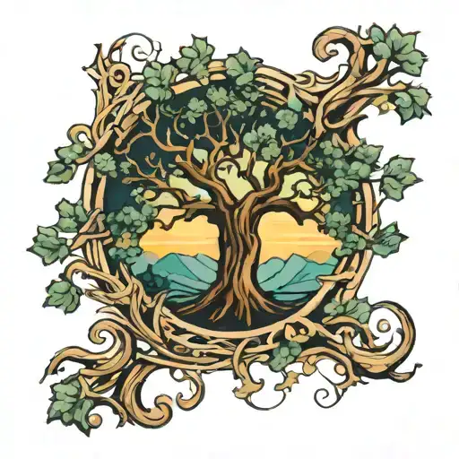 An abstract design featuring the letters A and K intertwined with a majestic oak tree, symbolizing growth and strength in entrepreneurship tattoo design idea