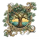 An abstract design featuring the letters A and K intertwined with a majestic oak tree, symbolizing growth and strength in entrepreneurship tattoo design idea