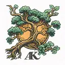 An abstract design featuring the letters A and K intertwined with a majestic oak tree, symbolizing growth and strength in entrepreneurship tattoo design idea