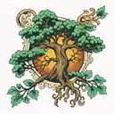 An abstract design featuring the letters A and K intertwined with a majestic oak tree, symbolizing growth and strength in entrepreneurship tattoo design idea