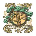 An abstract design featuring the letters A and K intertwined with a majestic oak tree, symbolizing growth and strength in entrepreneurship tattoo design idea