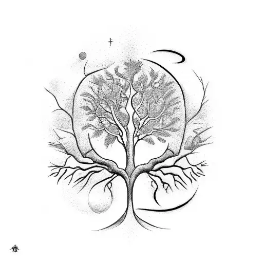 A tattoo depicting a family tree with branches formed by musical instruments and celestial bodies tattoo design idea