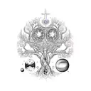 A tattoo depicting a family tree with branches formed by musical instruments and celestial bodies tattoo design idea