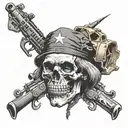 Benjamin Franklin skull with the 28 Infantry division logo with the outline of the continent Africa with crossed rifles  tattoo design idea
