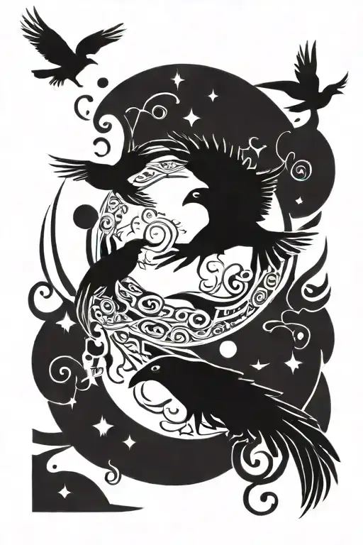 moon and raven flying tattoo design idea