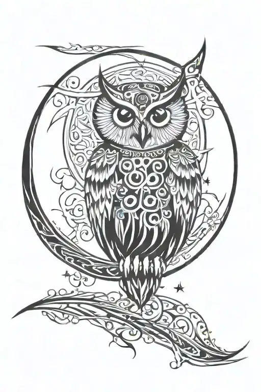 moon and owl flying tattoo design idea