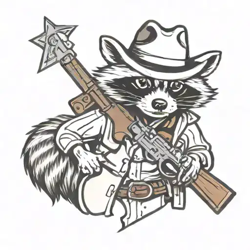 cowboy raccoon holding a revolver tattoo design idea