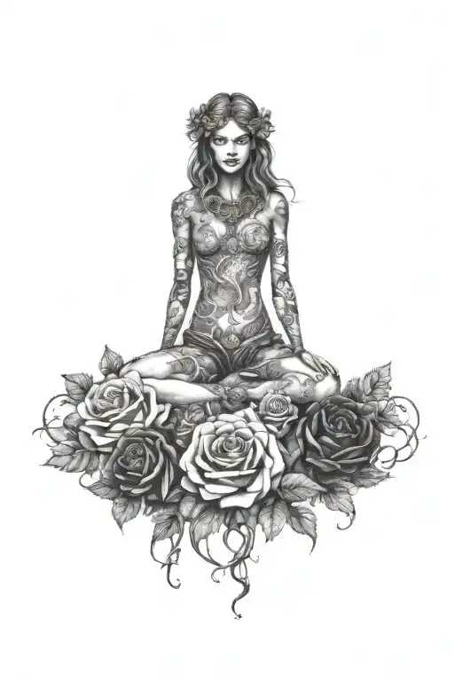 A tattoo design combining elements of Greek mythology and nature, with Gaia god as the central figure surrounded by dark roses and thorny vines tattoo design idea