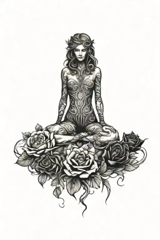 A tattoo design combining elements of Greek mythology and nature, with Gaia god as the central figure surrounded by dark roses and thorny vines tattoo design idea