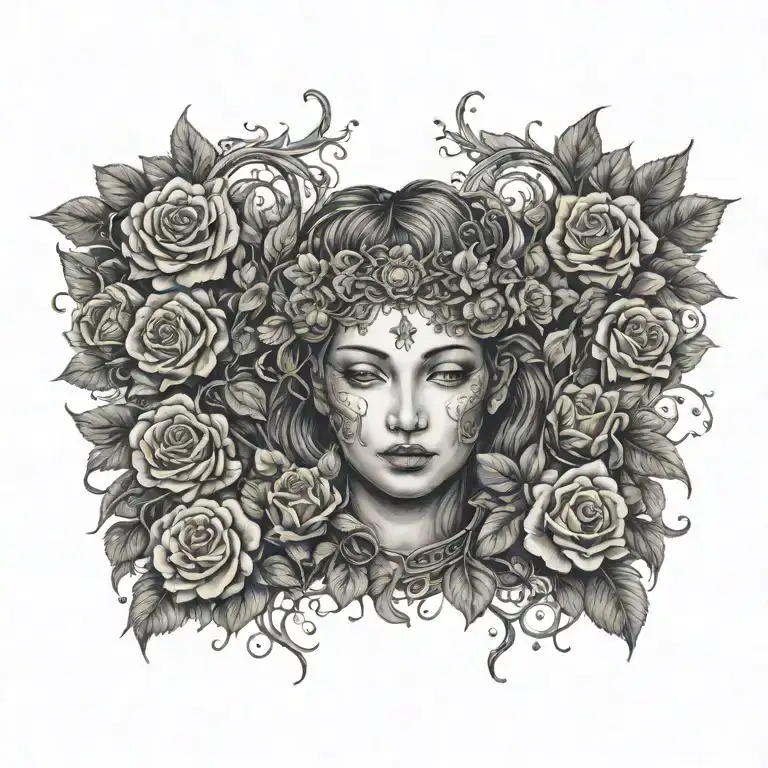 A tattoo design combining elements of Greek mythology and nature, with Gaia god as the central figure surrounded by dark roses and thorny vines tattoo design idea