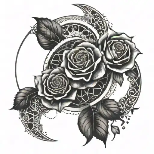 A symmetrical design of roses and moon phases intertwining, creating a delicate and mysterious pattern tattoo design idea