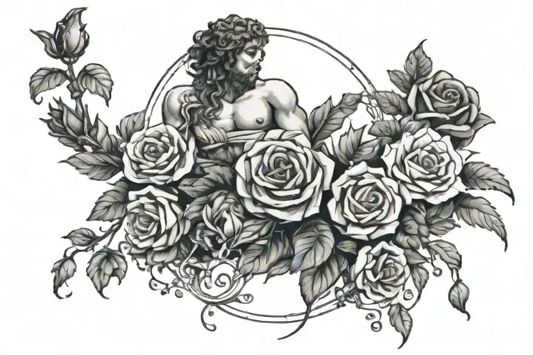 A tattoo design combining elements of Greek mythology and nature, with Gaia god as the central figure surrounded by dark roses and thorny vines tattoo design idea
