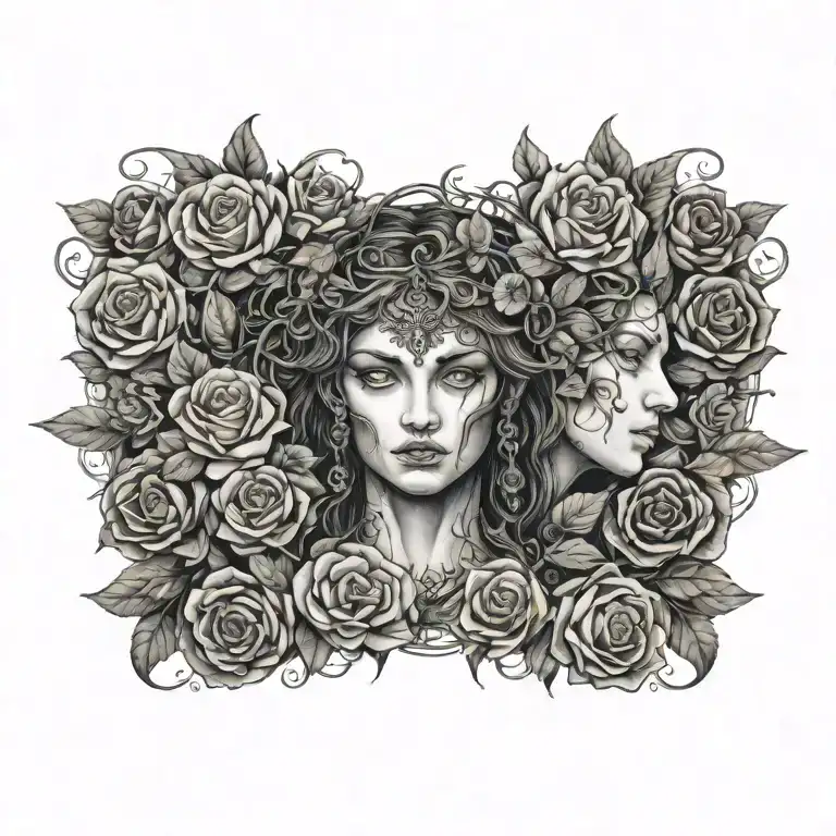A tattoo design combining elements of Greek mythology and nature, with Gaia god as the central figure surrounded by dark roses and thorny vines tattoo design idea