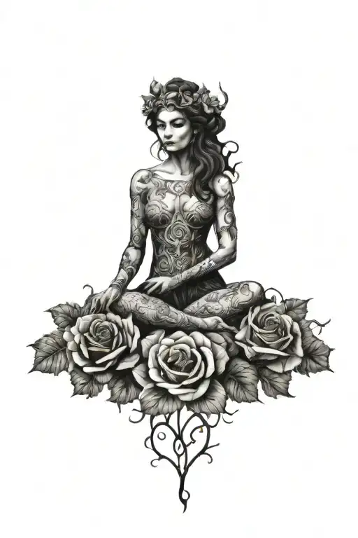 A tattoo design combining elements of Greek mythology and nature, with Gaia god as the central figure surrounded by dark roses and thorny vines tattoo design idea