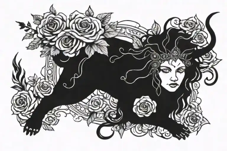 A tattoo design combining elements of Greek mythology and nature, with Gaia god as the central figure surrounded by dark roses and thorny vines tattoo design idea