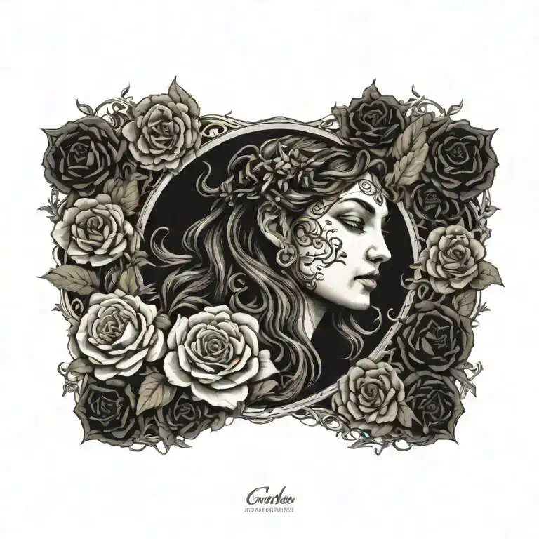A tattoo design combining elements of Greek mythology and nature, with Gaia god as the central figure surrounded by dark roses and thorny vines tattoo design idea
