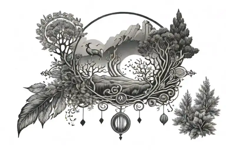 An intricate design featuring Greek symbols intertwined with mystical moon phases and nature motifs like trees and animals tattoo design idea