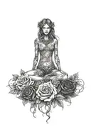 A tattoo design combining elements of Greek mythology and nature, with Gaia god as the central figure surrounded by dark roses and thorny vines tattoo design idea