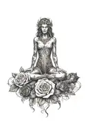 A tattoo design combining elements of Greek mythology and nature, with Gaia god as the central figure surrounded by dark roses and thorny vines tattoo design idea