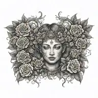 A tattoo design combining elements of Greek mythology and nature, with Gaia god as the central figure surrounded by dark roses and thorny vines tattoo design idea