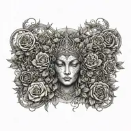 A tattoo design combining elements of Greek mythology and nature, with Gaia god as the central figure surrounded by dark roses and thorny vines tattoo design idea