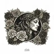 A tattoo design combining elements of Greek mythology and nature, with Gaia god as the central figure surrounded by dark roses and thorny vines tattoo design idea