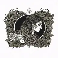 A tattoo design combining elements of Greek mythology and nature, with Gaia god as the central figure surrounded by dark roses and thorny vines tattoo design idea
