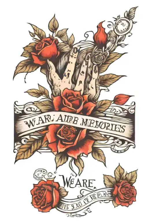 inside a rectangle there's the quote "we are made of memories" and it has two hands almost touching tattoo design idea