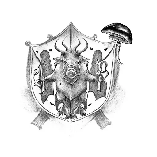 a medieval coat of arms with a boar, a crow, an ant and a mushroom tattoo design idea