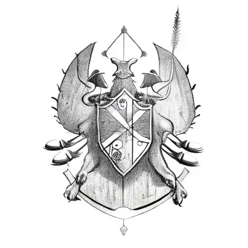 a medieval coat of arms with a boar, a crow, an ant and a mushroom tattoo design idea