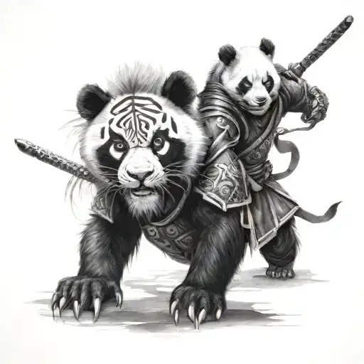 panda ninja  and lion samurai warrior tattoo design idea
